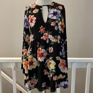 Forever 21 Long Sleeve Babydoll Bell Sleeve Black Floral Dress Size Small